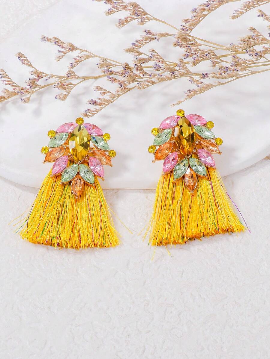 1 Pair Glass Crystal Tassel Earrings, Luxurious Jewelry Vacation Style Earrings For Women - Yellow - View 1