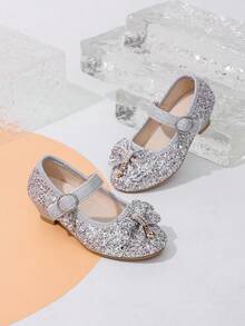 女童金色亮片高跟鞋 26-36码 | 闪亮玛丽珍派对鞋，饰有花朵和搭扣 | 适合选美比赛、花童、圣诞节和特殊场合的优雅高跟鞋