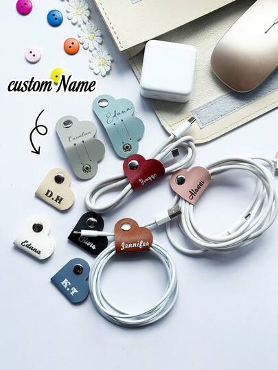 Customizable Leather Heart-Shaped Earphone & Cable Organizer, Data Cable Management Tie, Desk Wire Clips, Loom Band
