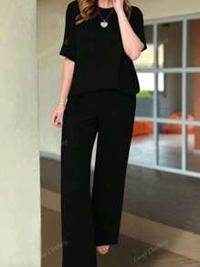 Plus Size Women 2-Piece Set, Casual Round Neck Short Sleeve Top And High Waist Pocket Wide Leg Pants, Daily Commute, Spring Summer