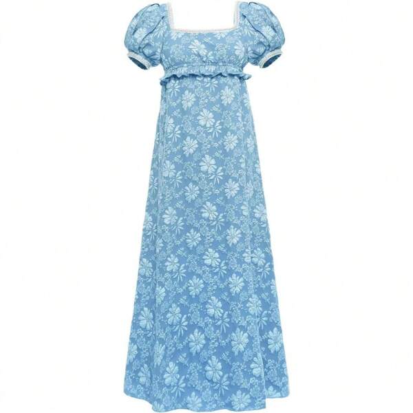 Costume de régence pour femme, robe longue vintage victorienne à fleurs, taille haute, tenue de bal, de thé, d'Halloween