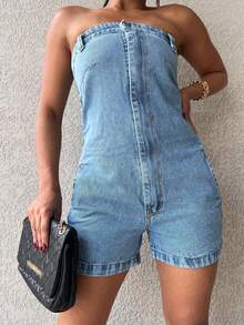 Kissmelady 3011 Women's Denim Overalls Dark Dungarees 3011 - 中等水洗藍 - 查看 4