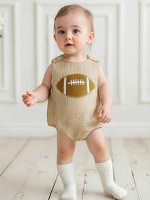 Newborn Football Outfit Baby Girl Boy Summer Romper Overalls Football Embroidery Stripe Print Sleeveless Round Neck Bodysuit Jumpsuit Summer Clothes - Apricot - View 4