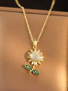 1 pieza Collar con dije de girasol dorado y cubic zirconia para madre e hija, flor tridimensional casual, regalo para mujer para fiestas, diario, viajes