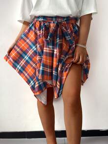 春夏季休闲时尚风格弹性腰部彩色格子不对称下摆中长裙