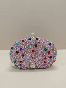 Rhinestone Embellished Pink Evening Clutch Bag With Detachable Gold Chain, Luxury Shiny Mini Evening Bag For Women, Suitable For Formal Party, Banquet, Prom, Wedding, Cocktail Party. Can Be Paired With Party Dresses, Evening Gowns, And Sequin Outfits. - Pink - View 9