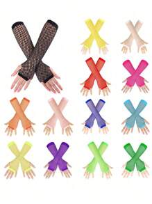 1 Pair Women Long Fingerless Fishnet Gloves, 80s Party/Halloween Party Decor
