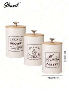 shoxil 3pcs Coffee, Sugar, Tea Canister Set With Airtight Bamboo Lid, Metal Leak-Proof Jars, Space-Saving Sealed Cans, Vintage Kitchen Container For Food Storage - Coffee & Tea & Sugar - View 4