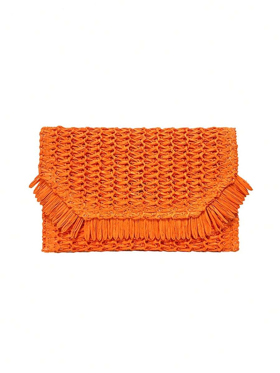 Summer New Style Hand-Grab Straw Bag Envelope Clutch Bag Tassel - Orange - View 1
