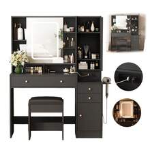 Gran tocador con espejo iluminado deslizante y taburete, mesa de maquillaje con soporte para secador de pelo - Negro - Ver 1
