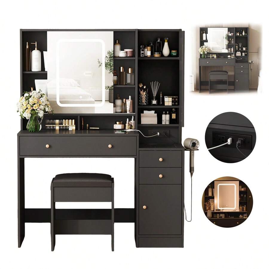 Gran tocador con espejo iluminado deslizante y taburete, mesa de maquillaje con soporte para secador de pelo - Negro - Ver 1