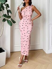 Vestido rosa con hombros descubiertos para mujer de Oldmarny con diseños de corazones del Día de los Enamorados, besos, abrazos y frases de amor - Rosa - Ver 6