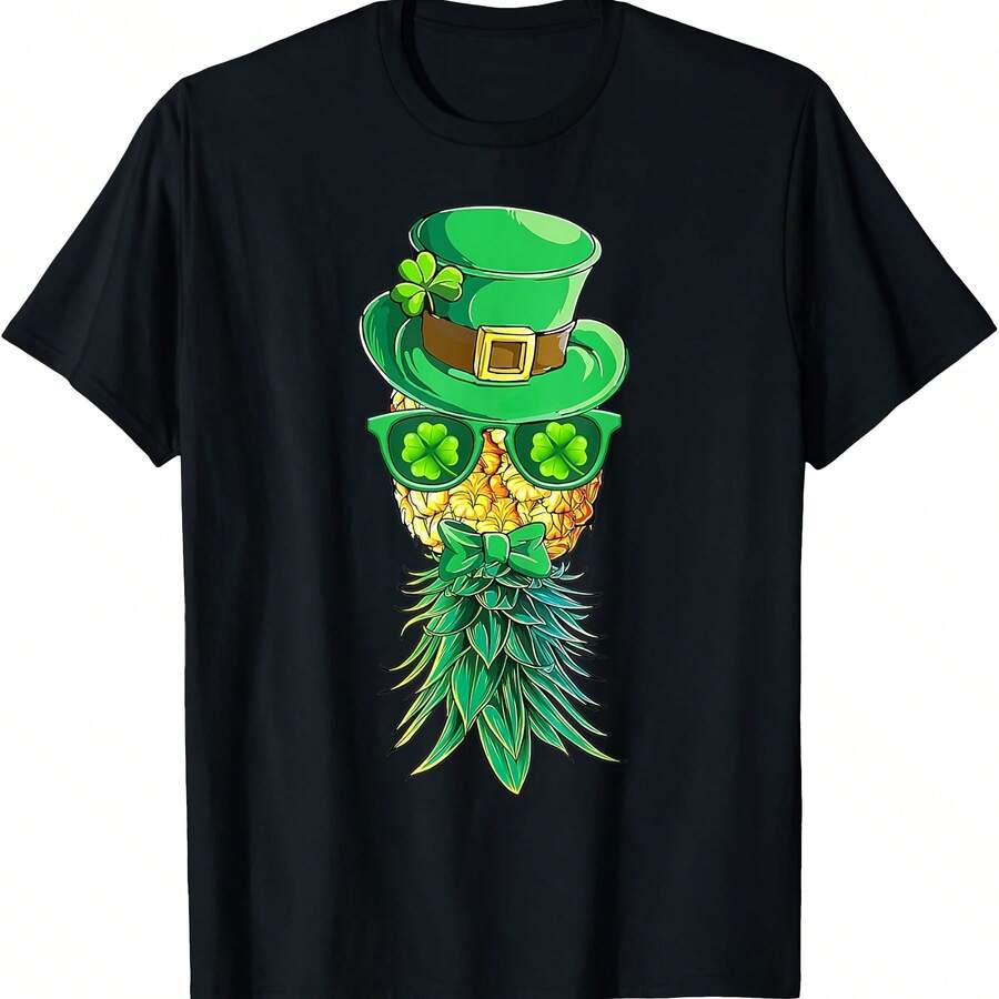 Camiseta de 220g de algodón con diseño divertido de máscara y piña al revés para el Día de San Patricio - Prenda de vestir cómoda y duradera para el uso diario, el trabajo, el estilo urbano o relajarse en casa, con diseño minimalista, retro y urbano, un regalo perfecto para cumpleaños, días festivos, familia o uso propio - Negro - Ver 1
