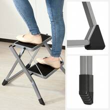 SONGMICS 2 Step Ladder Folding Step Stool 20 Cm Width Non-Slip Rubber With Handle 150 Kg Load Steel Grey And Black - Grey - View 3