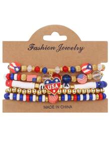 5pcs Heart, National Flag, And Star Decor Bracelets Set, Fashionable Creative Design Suitable For Men And Women, Perfect Holiday Gift (Individual Bracelets May Have Minor Color Bleeding, Which Is A Normal Phenomenon)