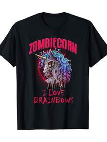Camiseta de Halloween gótica Punk-diseño de unicornio unicornio Brainbows, 220g, suave y transpirable - Negro - Ver 1