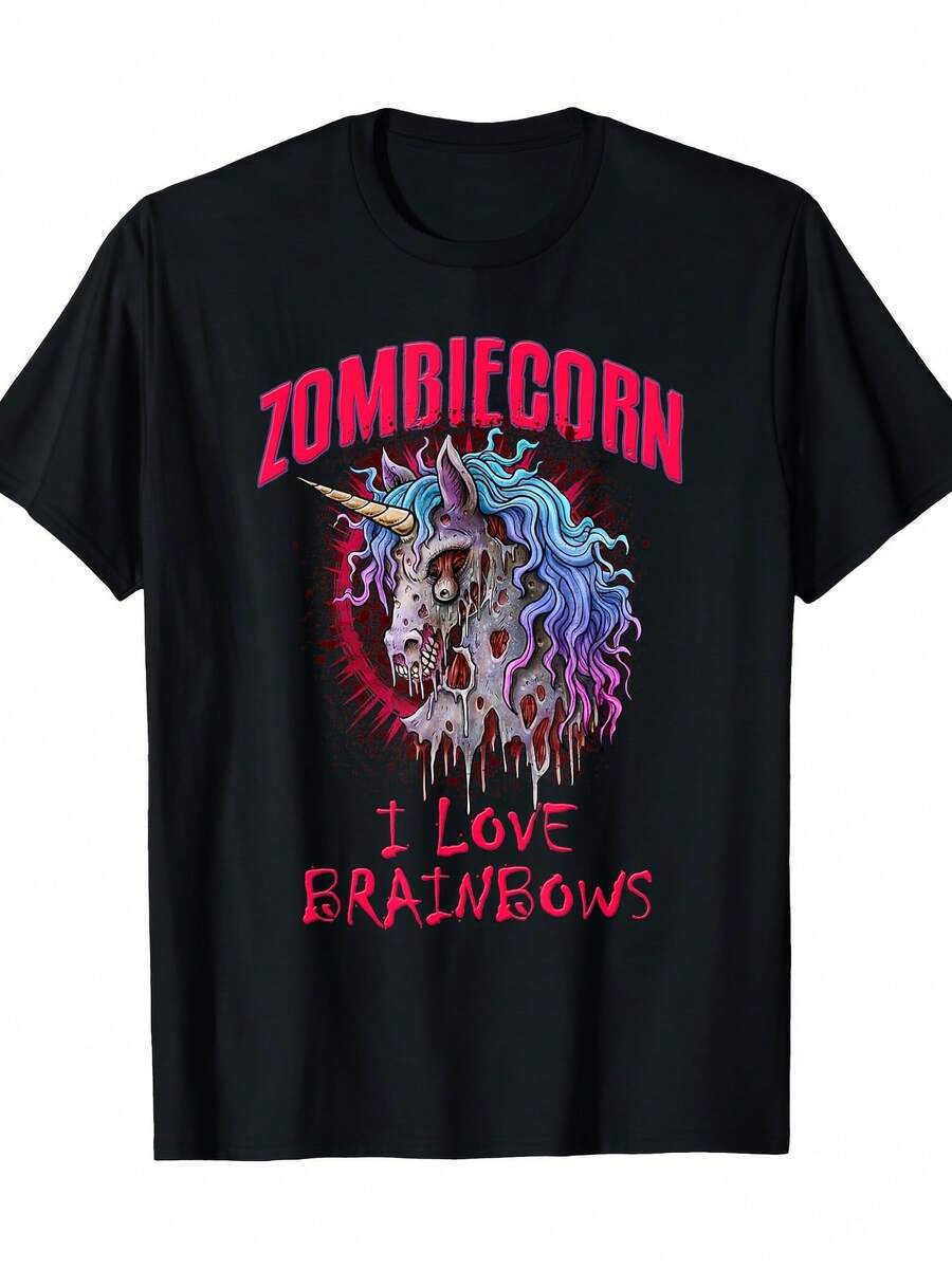 Camiseta de Halloween gótica Punk-diseño de unicornio unicornio Brainbows, 220g, suave y transpirable - Negro - Ver 1