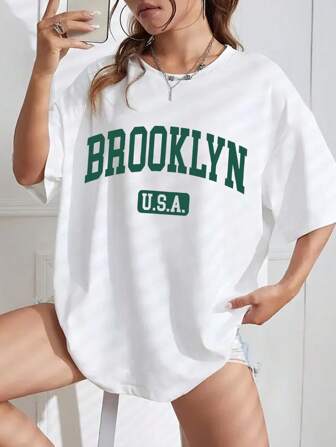 Letter Print T-Shirt, Short Sleeve Crew Neck Casual Top For Summer & Spring, Women's Clothing
