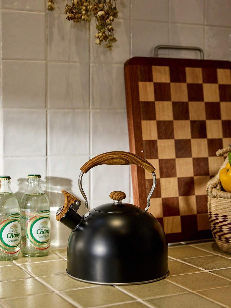 Cirelle Tea Kettle, 2.5 (Approx. 2.5 Liter) Whistle Tea Kettle For Stove Top  Stainless Steel With Wood Pattern Folding Handle - Black - View 1