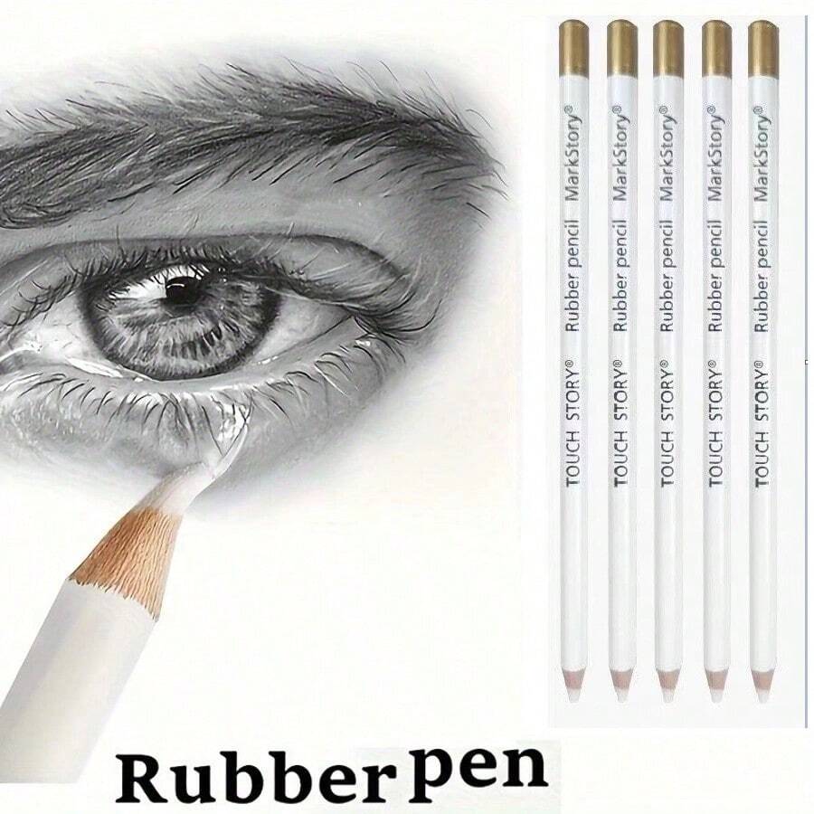 6pcs Eraser Pencils Set For Artists, Wooden Sketch Eraser Pen For Charcoal Drawings, Professional Highlight Painting Eraser For Sketching, Revise Erasing Details - 6 Erasers - View 1