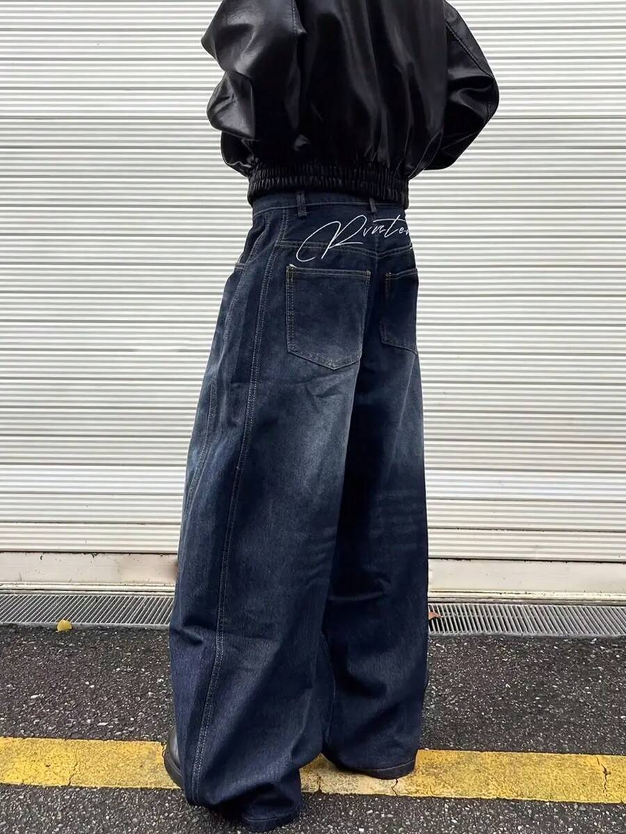 男士休闲街头风格宽松牛仔裤，休闲又 - 中等水洗藍 - 查看 1