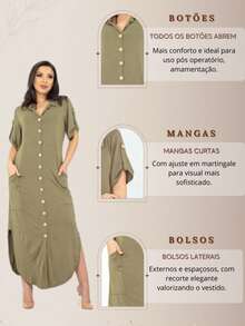 Moda Store FASHION STORE Chemise Dress Women's Long Shirt Chamise Multi-Purpose Long Shirt Short Sleeve With Buttons That Open Slit And Side Pocket ViscoLycra Mesh Evangelical Fashion Beachwear Maternity Pregnant Breastfeeding Post-Surgery - 軍綠色 - 查看 5
