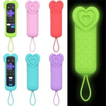 Cute Heart Shape Silicone Remote Control Cover For Roku TV Remote/ Roku Player Remote/ Roku Voice Remote (Without Headphone Jack), Glow In The Dark Remote Case For Roku Express 4K+ HD Streaming Stick 4K Premiere Streambar Soundbar LE SE Streaming Media Device Remote