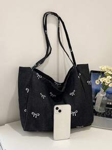 Nueva bolsa de lona lavada con lazo azul de moda coreana versátil, muy atractiva, para ir y venir, viajes, compras, vuelta al colegio, de gran capacidad, bolso de dama dulce y elegante, bols - Negro - Ver 6