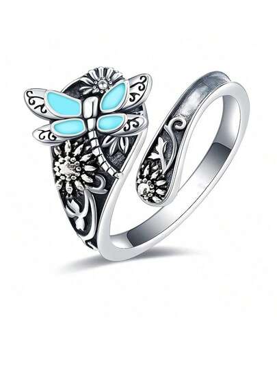 1pc Retro Unique Bohemian Design Creative Elegant Versatile Dripping Glaze Butterfly Spoon Shape Adjustable Open Ring, Suitable For Women's Daily Wear, Evening Party Accessories, Great Gift For Family & Friends
