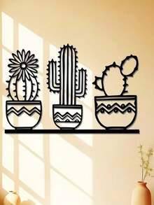Arte de pared de metal con diseño de cactus, decoración exterior de cactus de desierto, cartel de jardín de suculentas, decoración de cocina, regalo de decoración del hogar, regalo para nueva casa, para habitación, dormitorio, oficina, bar, restaurante, cafetería - Estilo art decó, material de metal. - Negro - Ver 6