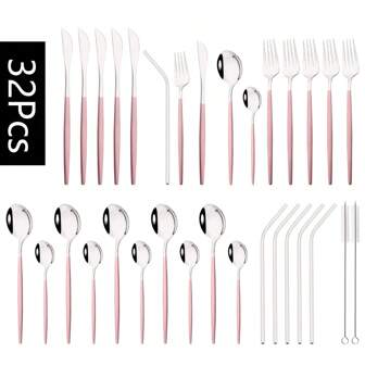 32Pcs Premium Stainless Steel Silverware Set - Elegant Polished Surface Cutlery Combo Including Knife, Fork, Spoon, Tea Spoon, Straw - Ideal For Home, Restaurant, Party, Wedding, Gift, Picnic - Various Colors,School Supplies