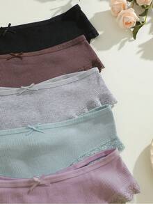 5pcs/Set Women Lace Patchwork Comfortable Breathable Bow Decor Panties Set, Soft Stretchy Casual Underwear - Multicolor - View 6
