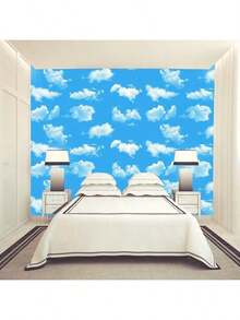 1 卷蓝天白云自粘壁纸 PVC 防水防污，易于安装和移除，适用于厨房橱柜桌面抽屉家具翻新改造卧室天花板客厅宿舍墙壁家居装饰墙贴 DIY 易于清洁，可随意裁剪墙贴 17.7 英寸 X 393.7/196.8/118.1/39.3 英寸房间装饰壁纸墙纸浴室墙壁装饰 - 藍色 - 查看 2