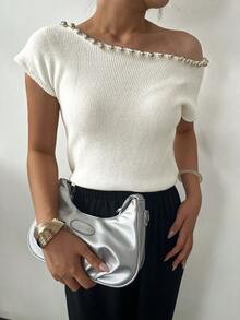 纯色开衫，珍珠饰边领子，肩部，优雅针织毛衣，谦虚，春假，圣帕特里克 - 白色 - 查看 1