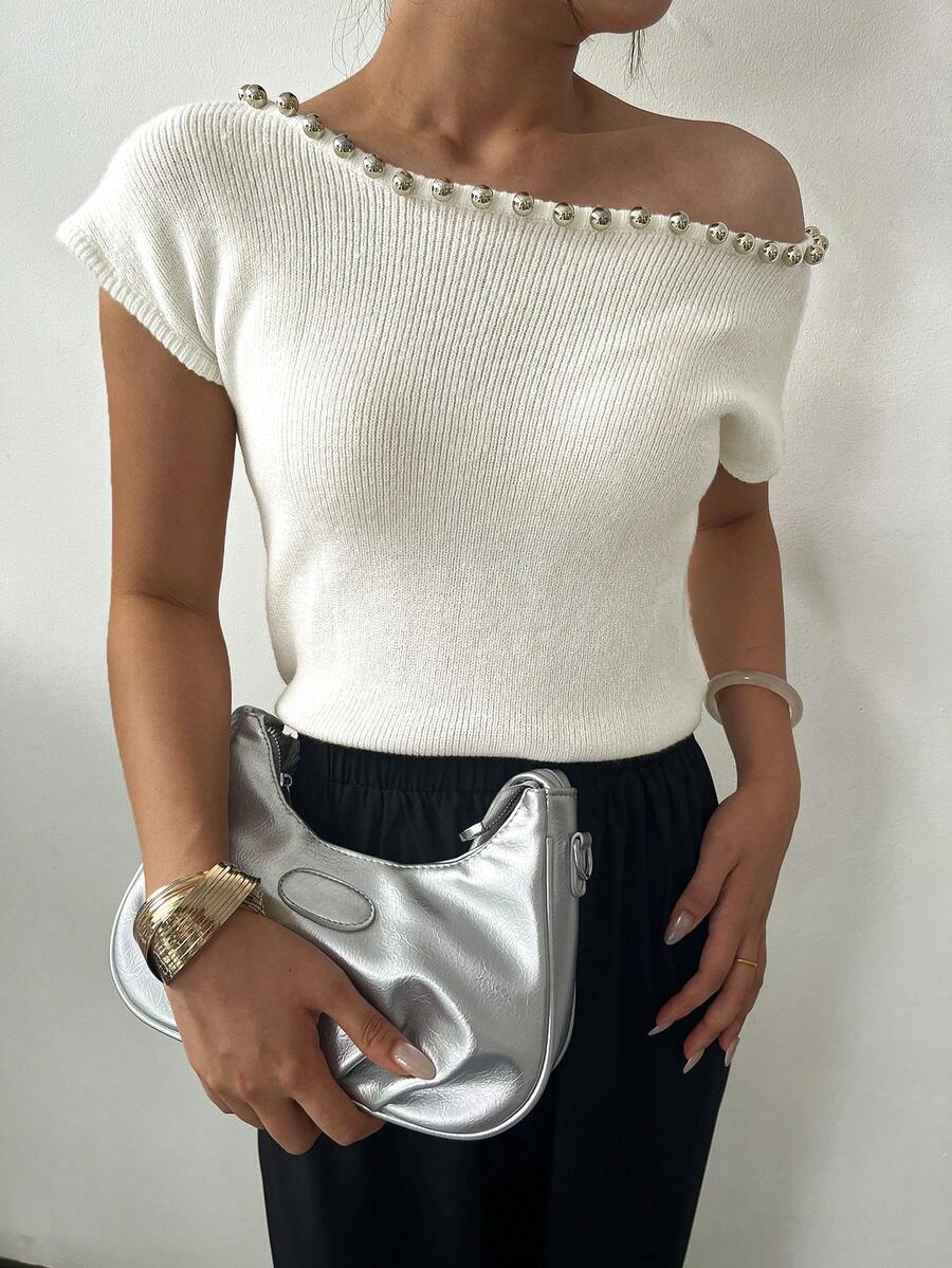 纯色开衫，珍珠饰边领子，肩部，优雅针织毛衣，谦虚，春假，圣帕特里克 - 白色 - 查看 1