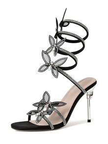 Snake-Wrap High Heels Supplied Directly From Factory, Fashionable Runway Design With Floral Rhinestone Decor Stiletto Women's Sandals - Black - View 7