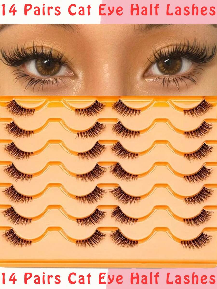 14 对半睫毛透明带状睫毛猫眼假睫毛短款柔软 3D 仿貂毛睫毛柔软自然妆效条状睫毛、睫毛、睫毛、假睫毛