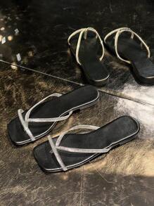 Sandalias de dedo planas con incrustaciones de cristales brillantes para mujer, para uso diario casual en verano