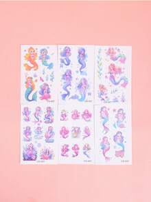 Set de 6 tatuajes temporales brillantes de sirena, tatuajes de dibujos animados a prueba de agua y sudor, desechables para niños en cara, brazo, cintura, pecho, pierna, abdomen, cuello, mano, dedo, espalda para fiestas, actuaciones, Día del Niño, arte corporal moderno. - Multicolor - Ver 4