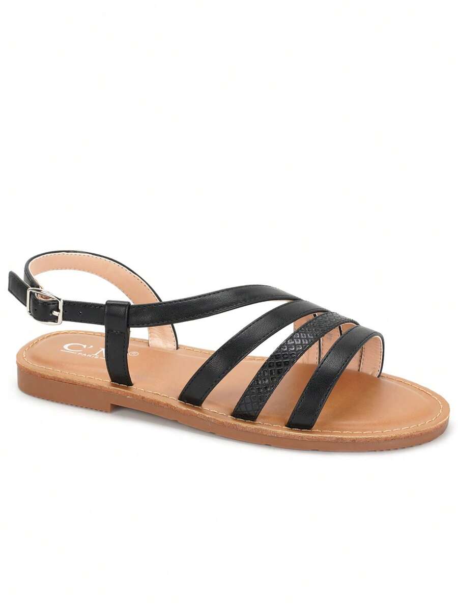 Women's Flat Strappy Sandals With Textured Detail And Adjustable Buckle – Lightweight And Comfortable For Summer Days - Black - View 1