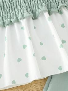 两件套女童夏季套装，领口爱心装饰腰部上衣和牛仔长裤，时尚装扮 - 綠色 - 查看 4