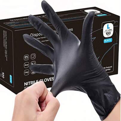 黑色一次性丁腈手套，不含乳胶，无包装盒，耐用家用清洁手套，防水，防静电，多用途手套，亚麻指套，适用于染发、美容、绘画、工艺、家务清洁、厨房、浴室、家居装饰、节日礼物、派对礼品。尺码：S、M、L、XL