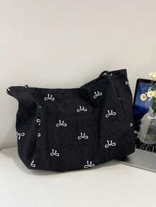 Nueva bolsa de lona lavada con lazo azul de moda coreana versátil, muy atractiva, para ir y venir, viajes, compras, vuelta al colegio, de gran capacidad, bolso de dama dulce y elegante, bols - Negro - Ver 9
