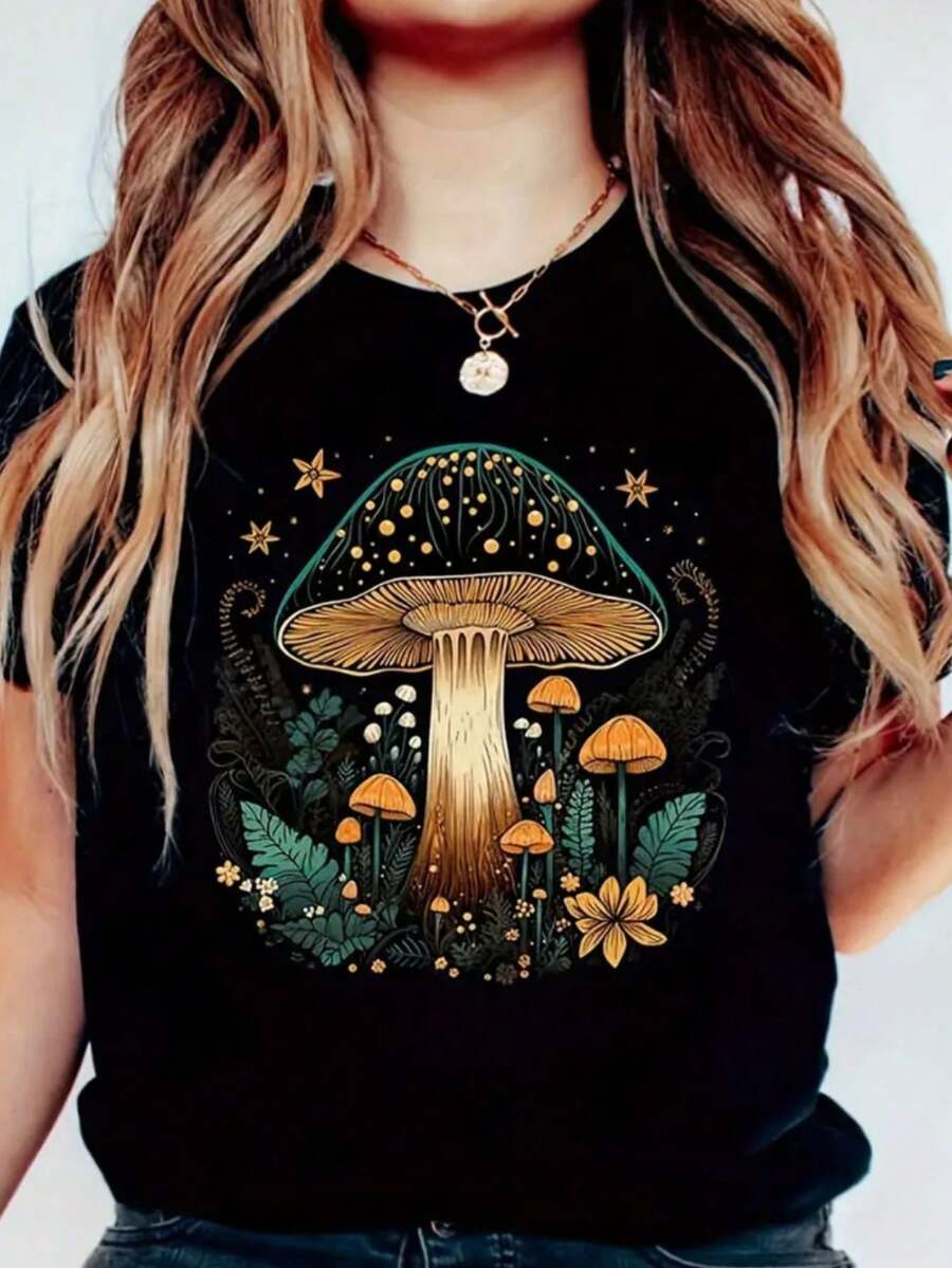 Women's Fashion Shirt Printed Blue Details 100% Cotton Casual Cute T-Shirt - màu đen - Xem 1