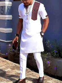 Conjunto de 2 piezas de túnica africana para hombre con camisa de manga corta con efecto de empalme y pantalones casuales - Vestimenta tradicional elegante para fiestas y festivales