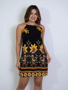 Short Printed Dress With Back Zipper - Black - View 1