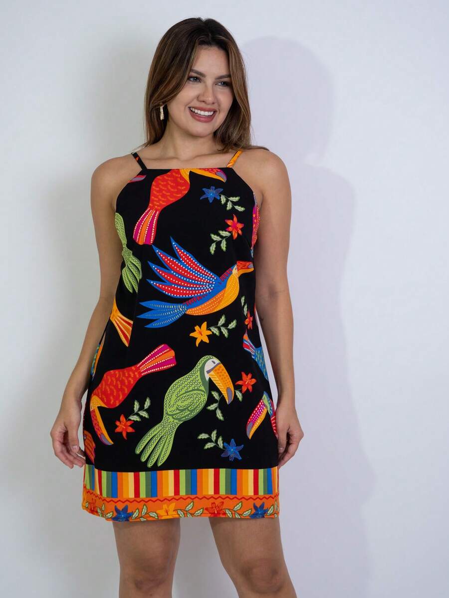 Short Printed Dress With Back Zipper - Ginger - View 1