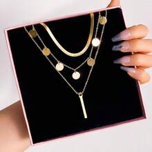 3pcs Fashionable Circular Pendant Necklace Set, Layerable Jewelry For Women - Gold - View 2