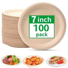 100/50个纸盘，日常使用沙拉盘，蛋糕盘，烧烤盘，微波炉适用，适用于婚礼，家庭聚会，自助餐，夏季泳池派对，生日派对，返校，可堆肥甘蔗纸盘，一次性盘子