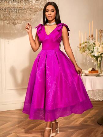 שמלה ארוכה ומבריקה עם צווארון V, פפיון, ללא שרוולים, מותן גבוה, רשת, שמלות טלאים, שמלת מסיבה לנשף, תלבושת לדייט, מסיבה, שמלת כלה, שמלת שושבינה, שמלת סיום לימודים, אורחת חתונה, חזרה לבית הספר